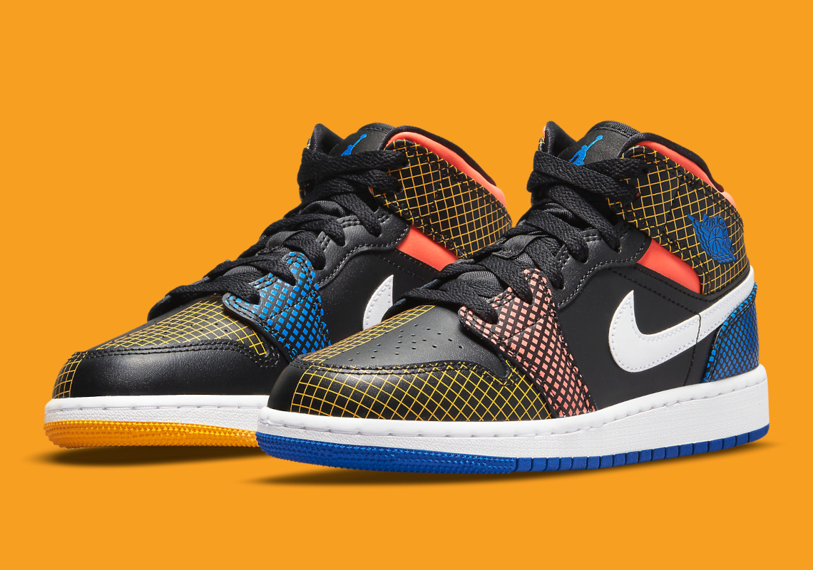 Colorful Grid Patterns Appear On This Kid's Air Jordan 1 Mid