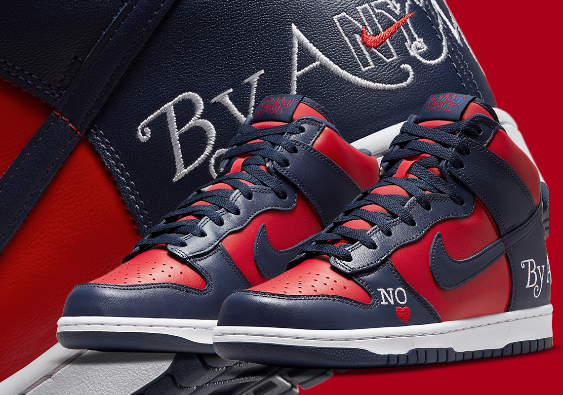 Official Images Of The Supreme x Nike SB Dunk High "By Any Means" In Navy/Red